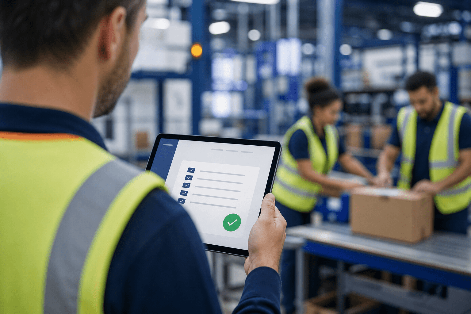 Teamlead bevestigt een werkinstructie op een tablet op de warehousevloer